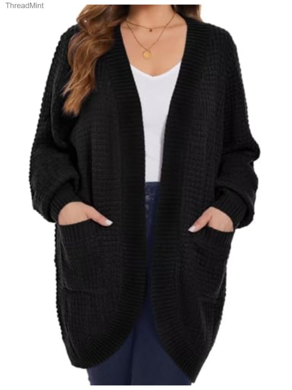 Plus Size Open Front Waffle Knit Cardigan Long Sleeve Sweater with Pockets
